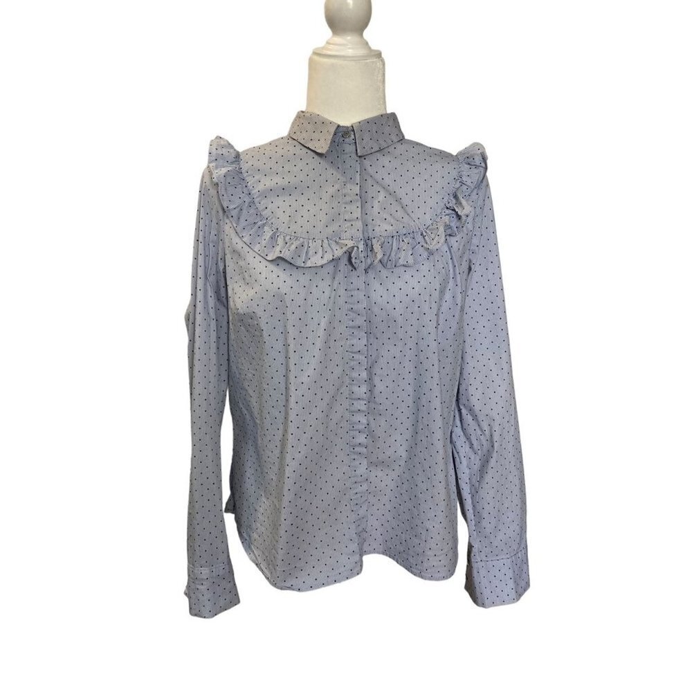 H&M Ruffle Button Up Blue Swiss Dot Prairie Blouse Women's Size 12